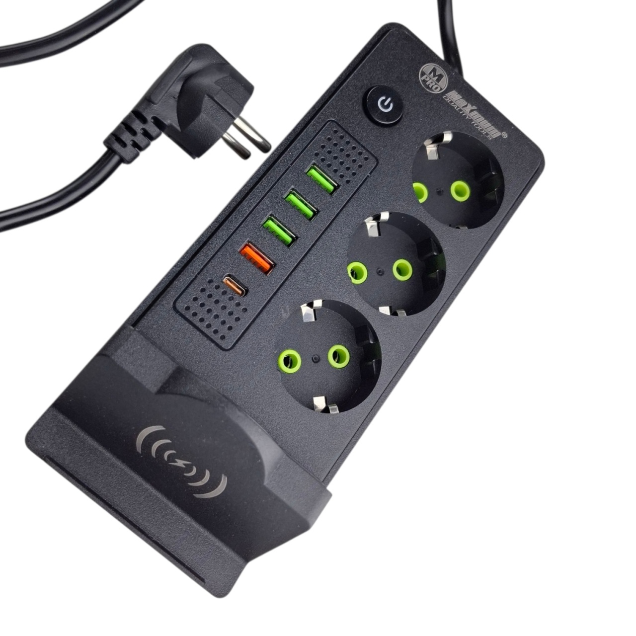 Удлинитель сетевой черный с бепроводной зарядкой 3 метра, 3 евро розетки, 4 USB порта, Type C, 2500W оптом